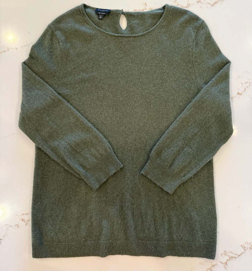 Talbots Pure Cashmere Olive Green Round Neck Keyhole Back Sweater Size XL